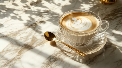 Glass cup of cappuccino on marble table, golden spoon on the side, luxury coffee moment generative ai