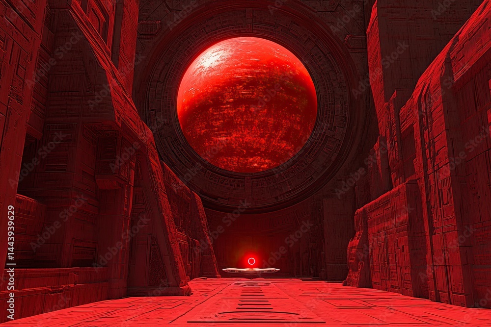 Poster a spaceship is flying inside the red circular tunnel of an alien city. the buildings have complex pa