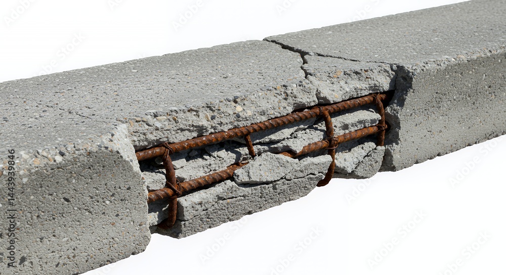 Poster severely damaged broken concrete block isolated on white screen background demonstrating structural 