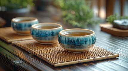 Three teacups of steaming herbal tea on a bamboo mat