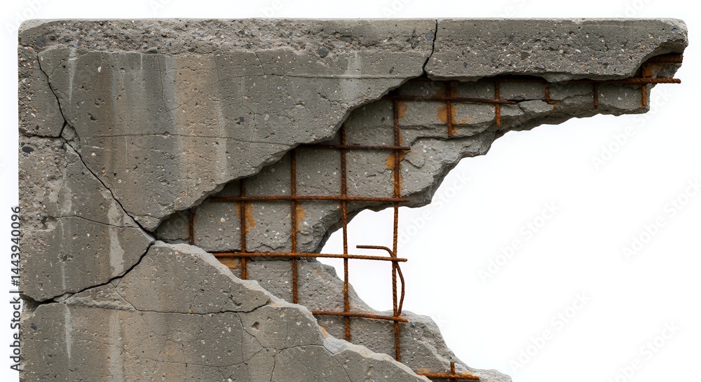 Poster severely damaged concrete wall with exposed rebar isolated on white screen background featuring frac
