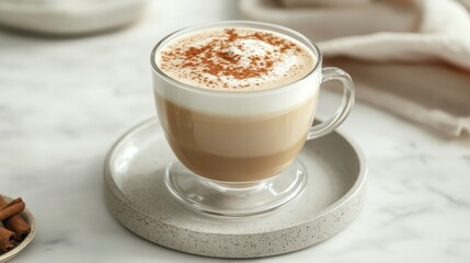 Glass cappuccino cup with foam sprinkled with cinnamon, elegant table setting generative ai