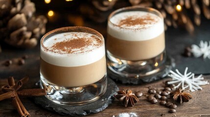 Glass cappuccino cup with foam sprinkled with cinnamon, elegant table setting generative ai