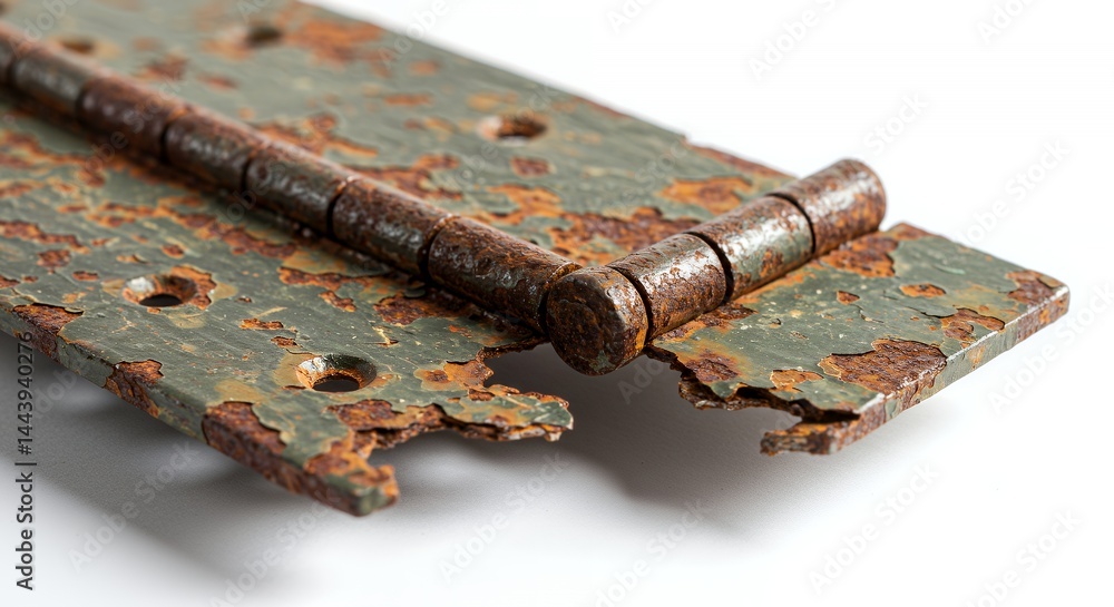 Poster severely damaged olive green hinge with rust and broken metal isolated on white screen background di
