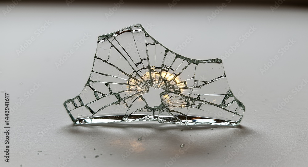 Poster shattered clear glass fragment isolated on white screen background featuring cracks damage and sharp
