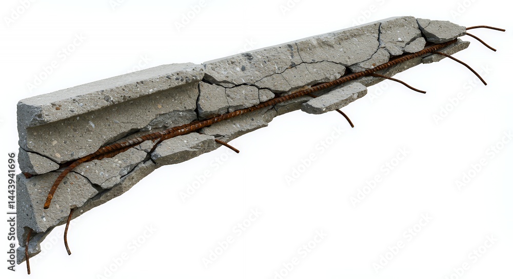 Poster shattered concrete panel with rusty steel rebar isolated on white screen background for ads and prom