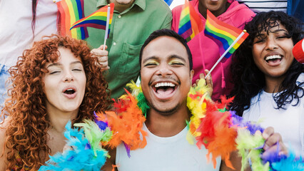 Fototapeta premium Pride, Lgbt community celebrate parade. Happy people support gay community together