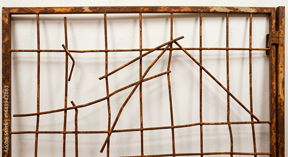 Poster shattered rust streaked concrete slab isolated on white screen background emphasizing fragility and 