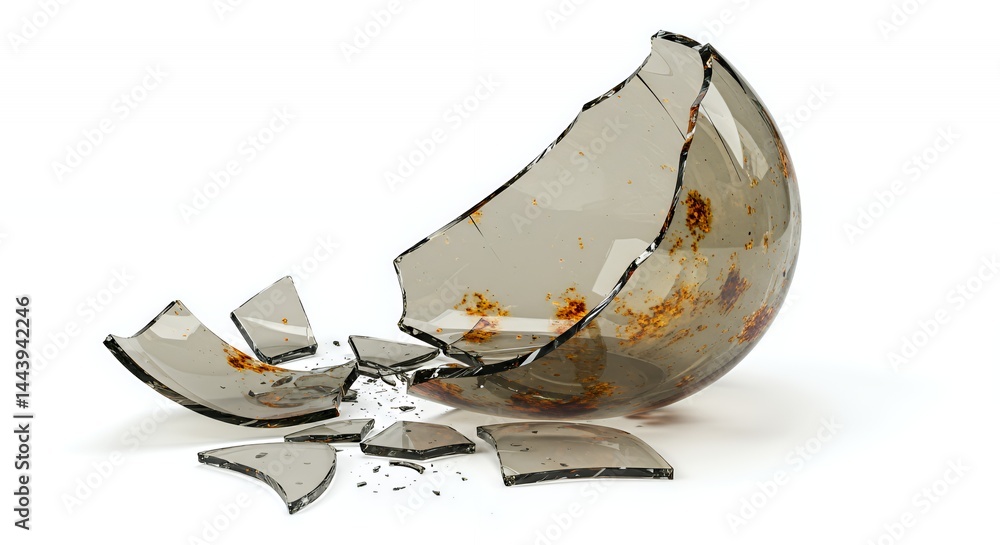 Poster shattered transparent glass bottle isolated on white screen displaying rust and environmental damage