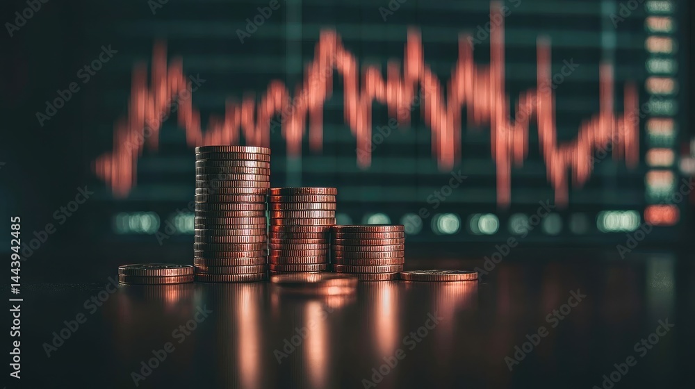 Poster close-up of stacked coins in front of fluctuating stock graphs displayed on a monitor, finance theme