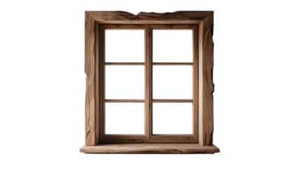 Ventana de madera rústica aislada sobre fondo transparente. PNG. 