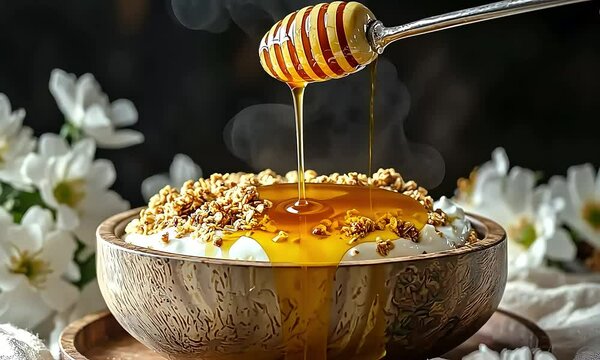 Golden cascade: A vibrant and delectable honey drizzle over creamy yogurt