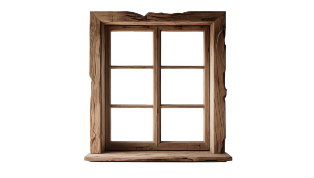 Ventana de madera rústica aislada sobre fondo transparente. PNG. 