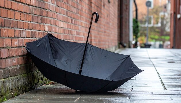 Black umbrella flipping inside-out in a stormy alley