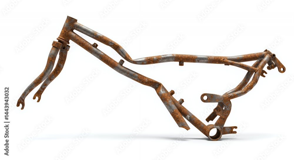 Poster twisted broken metal bicycle frame with visible rust isolated on white screen background for ads pro