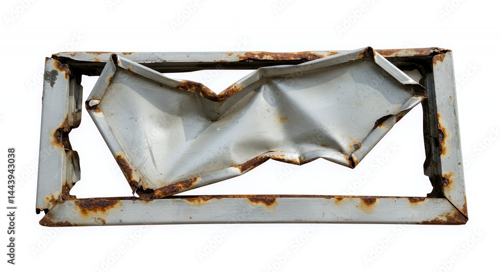 Poster twisted and damaged aluminum window frame displaying rust isolated on white screen demonstrating env
