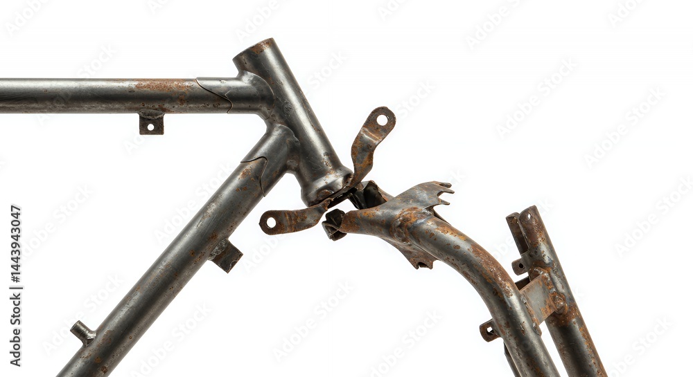 Aufkleber twisted broken metal bicycle frame with visible rust isolated on white screen detailed rust texture 