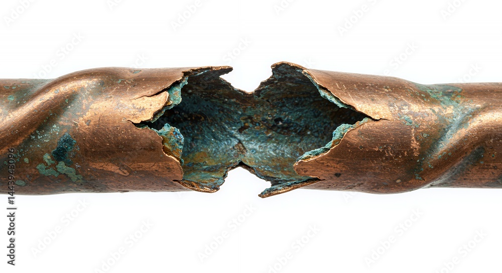 Poster twisted corroded copper pipe with large gash isolated on white screen displaying severe damage and o
