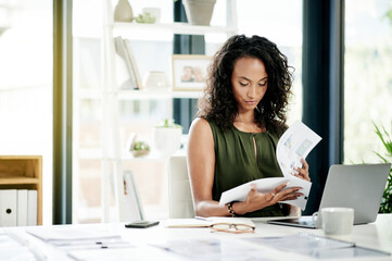 Business, laptop and woman at desk, documents and financial advisor in modern office. Person, tax...