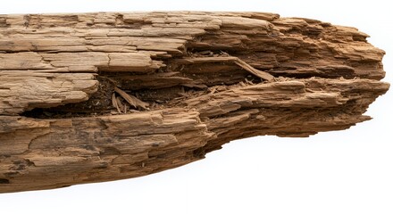 Fototapeta premium Warped Splintered Wooden Construction Beam Exhibiting Dry Rot Isolated On White Screen For Ads Promotion Or Realistic Texture And Repair Concepts