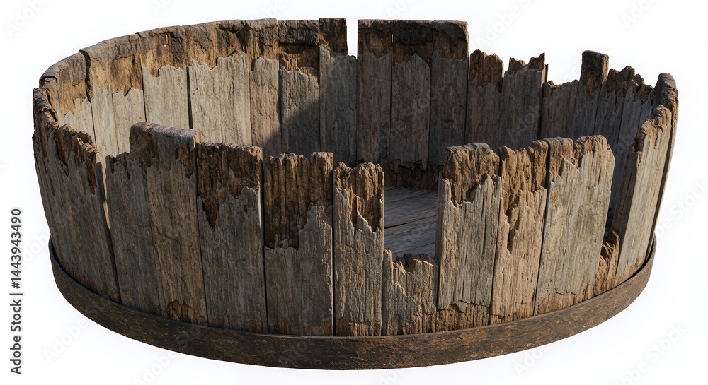 Poster weathered circular wooden tub with a rustic texture isolated on white screen background displaying c