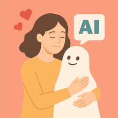 Woman Hugging Cute AI Character – Friendly Artificial Intelligence Concept
