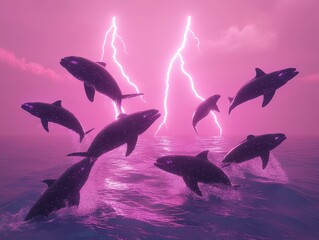 Electric pink sunset, dolphins leaping in mystical ocean.
