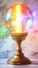 A rainbow orb lamp on a golden pedestal.