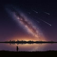 Fototapeta premium Child Silhouetted Against Cityscape Milky Way Shooting Stars