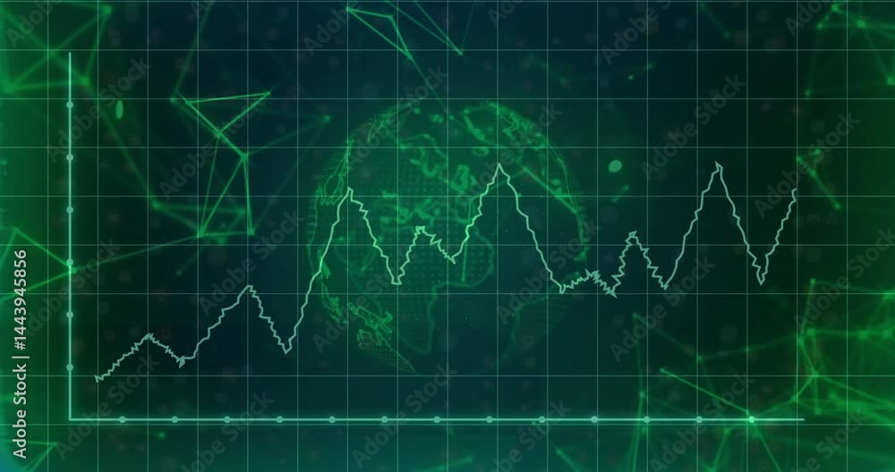 Poster digital interface visualizing jagged white line graph overlaying grid behind wireframe globe