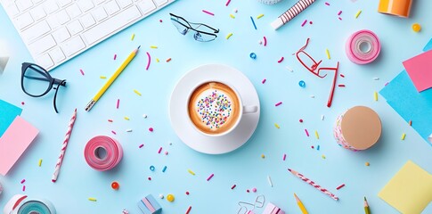 Obraz premium Flatlay Office Desk Coffee Sprinkles