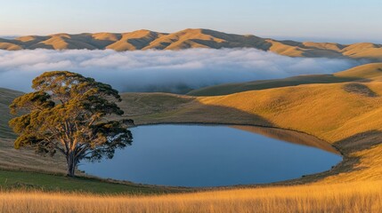 Sunrise over tranquil hilltop lake, misty valley