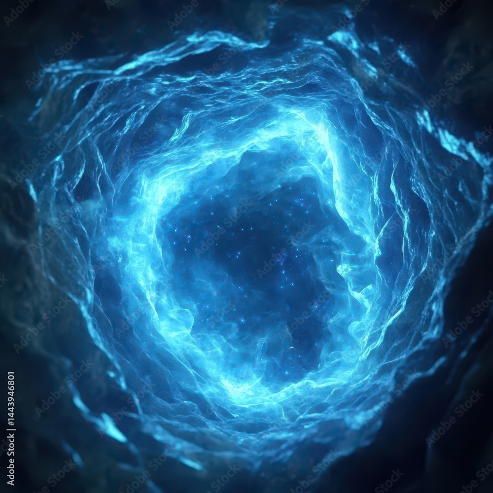Poster intricate blue vortex tunnel with ethereal glow.