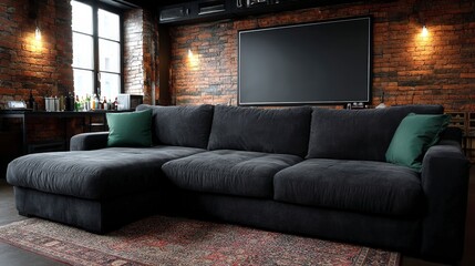 Modern Dark Gray Sectional Sofa in Brick Loft Living Room