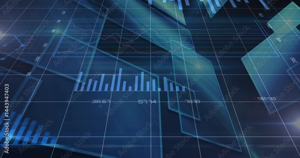 Poster data visualization dashboard displaying line, pie and donut charts over dark-blue grid interface