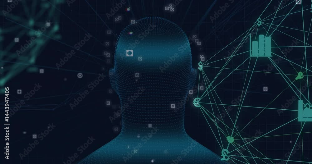 Poster 3d render showing abstract digital mesh head glowing in dark grid with floating currency icons