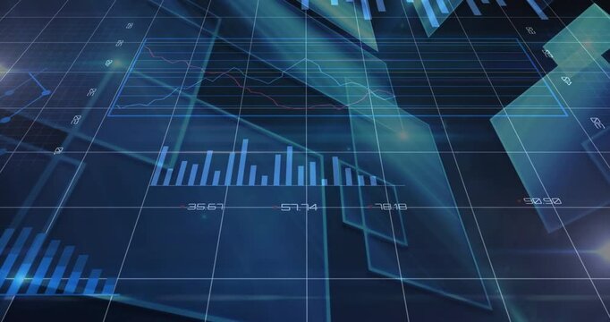 Data visualization dashboard displaying line, pie and donut charts over dark-blue grid interface