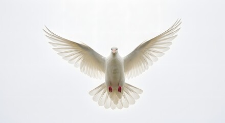 Artistic studio image of a white dove in flight with wings spread wide, captured mid-air on a pure white background, high-speed camera detail, symbolic of the Holy Spirit