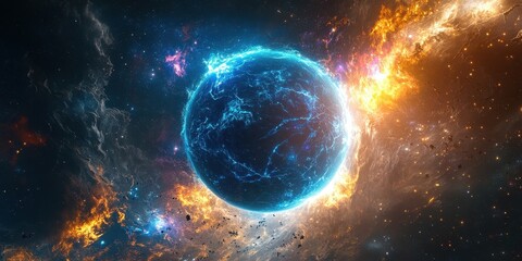 A celestial sphere engulfed in opposing forces of fire and ice.