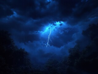 Powerful lightning bolt illuminates a dark night sky over a forest.