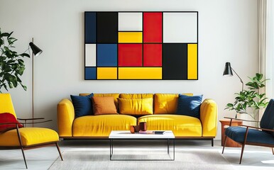 Modern living room featuring a stylish sofa and coffee table. adorned with indoor plants. showcasing abstract art on the wall. creating a vibrant and inviting atmosphere