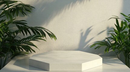 Fototapeta premium A serene octagonal pedestal sits in a lush tropical garden. surrounded by vibrant green foliage. creating an inviting atmosphere for artistic displays or presentations