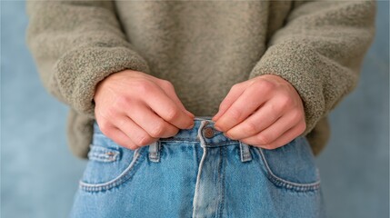 Woman struggling to button tight jeans  weight gain  body image  closeup