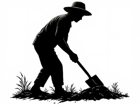 recommend clip art: Black silhouette of gardener digging with shovel.