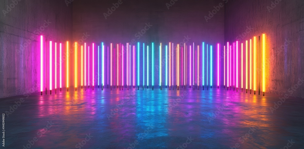 Poster a vibrant. illuminated underground space featuring colorful vertical pillars emitting light. creatin