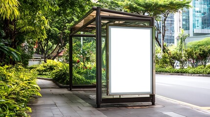 Blank advertising billboard mockup at bus stop with natural greenery  
