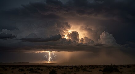 Dramatic ultra-realistic image of a thunderstorm over a desert landscape, dark cumulonimbus clouds dominating the sky, a single lightning bolt striking the sand in the distance