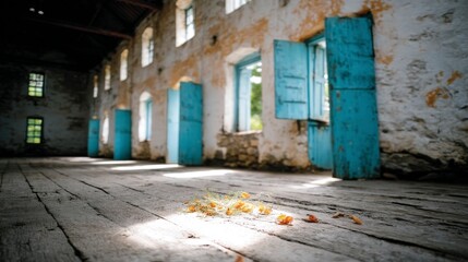 Rustic Interior  Abandoned Building  Old Wooden Floor  Blue Doors  Sunlit Room
