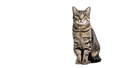 Front-facing high-definition studio photo of a domestic short hair cat sitting on a white seamless background, fur color gray with tabby stripes, ears perked, eyes wide open and alert
