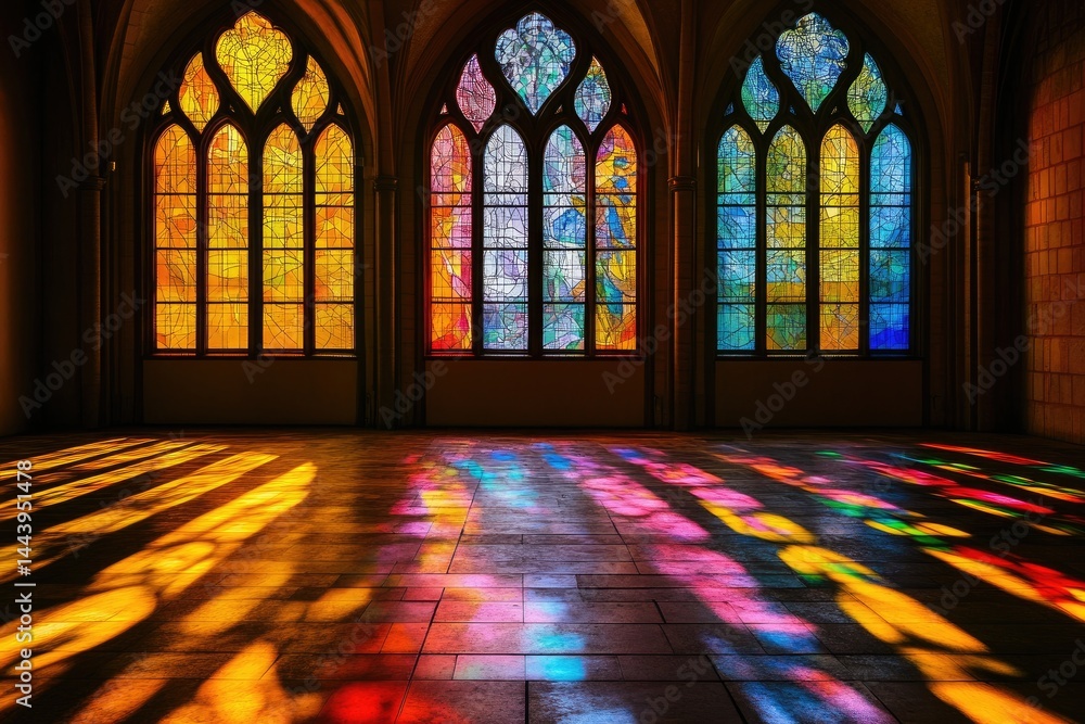 Poster a vibrant display of sunlight filtering through three large stained glass windows in a serene church